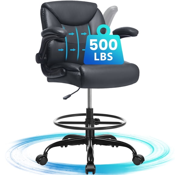 JONPONY Tall Office Chair for Standing Desk, Ergonomic High Leather Executive Office Chair with Flip-up Armrest,and Adjustable Foot Ring for Counter Height Desk,Black