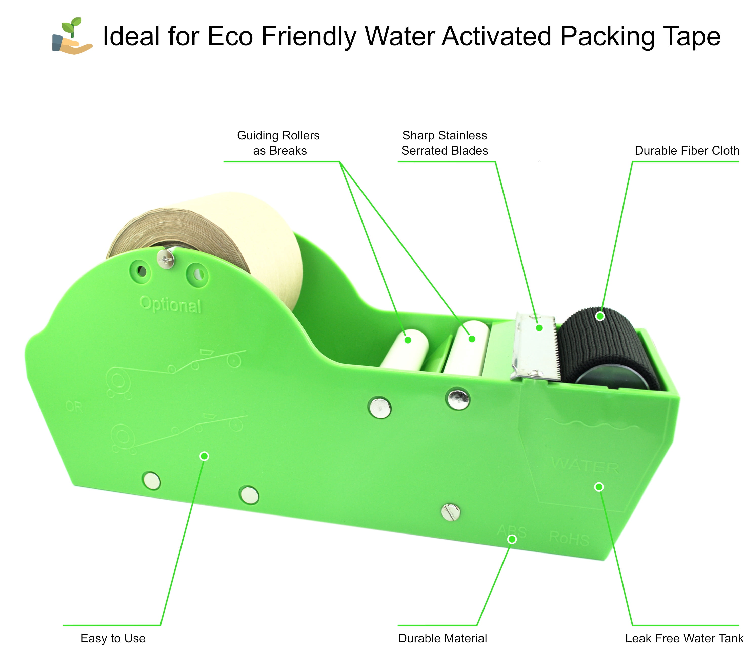 Water Activated Manual Desktop Gum Tape Dispenser Green with Reinforced Kraft Paper Gummed Tape 2.75In x 75 feet Eco Friendly for Sealing Shipping Boxes