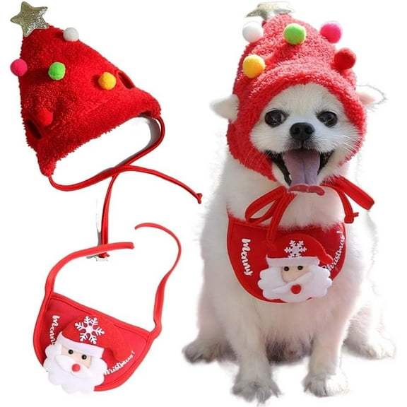 Adorable Christmas Tree Pom-Pom Hat, Reindeer Bib for Small and Medium Dogs – Adjustable Holiday Pet Outfit, Soft and Comfortable Festive Xmas Costume for Family Gatherings(Red-S)