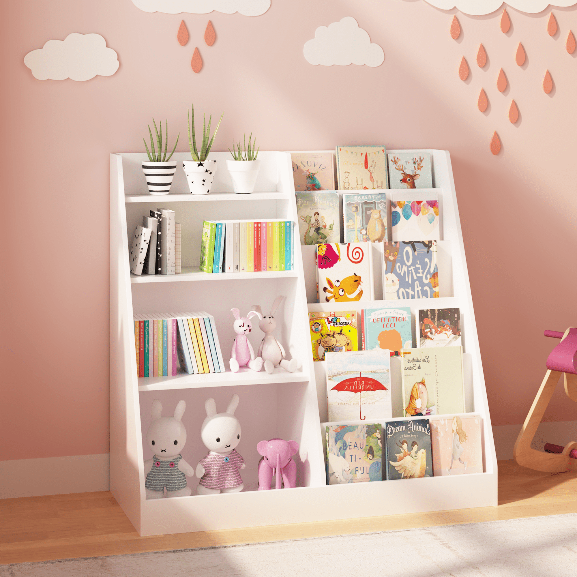 4-Tier Kids Bookshelf and Toy Storage Organizer, MDF Multifunctional Wooden Bookcase Display Stand, Freestanding Storage Shelf for Toddlers Kids Bedroom Playroom Nursery