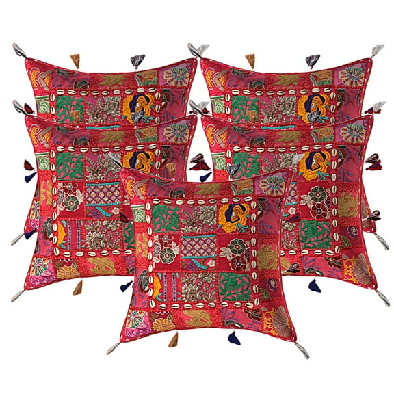 Stylo Culture Ethnic Decorative Throw Pillow Covers 17 x 17 Embroidered Patchwork Cowry Sea Shell Tassels Pink Bohemian 43 x 43 cm Living Room Cotton Floral Square Cushion Covers | Set Of 5