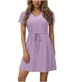 thumbnail image 2 of Summer Savings Clearance! Horkkom Mini Dresses for Women Summer Short Sleeve V Neck A Line Dresses Casual Belted Waist Drawstring Sundresses Purple 2XL, 2 of 7