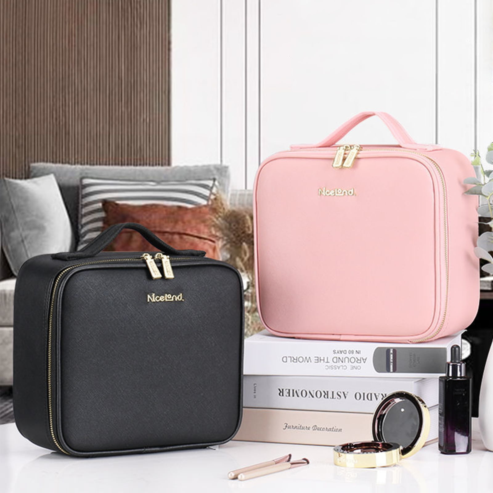 Pink Makeup Bag, Makeup Bags for Women, Makeup Bag with Mirror, Travel  Makeup Train Case, Makeup Organizer Bag, Adjustable Dividers & Support  Straps