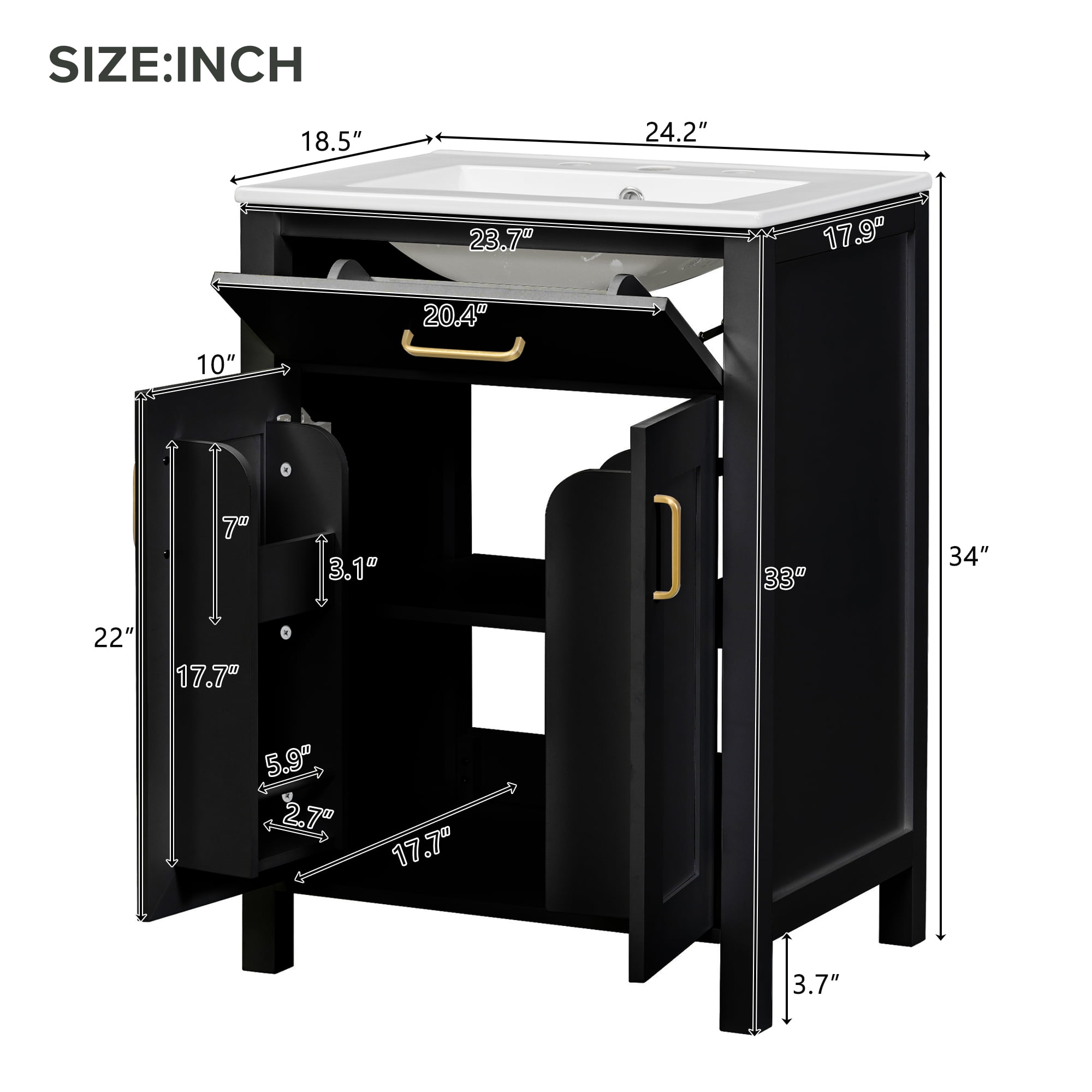 Harper & Bright Designs 24" Bathroom Vanity Combo with Ceramic sink, Small Bathroom Vanity Cabinet with 2 Storage Soft Close Doors, Black