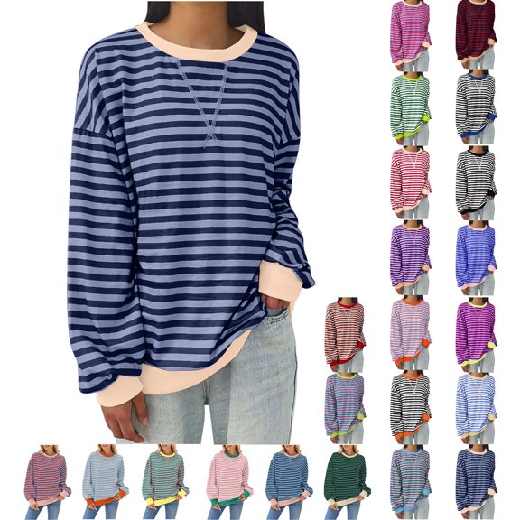 Vmvidoty 2026 Fashion Clothing Women Loosse Fit Striped Crewneck Sweatshirt 22 Colors Size S-6XL Available Long Sleeve Color Block Pullover Tops Casual Workout Shirt Navy S