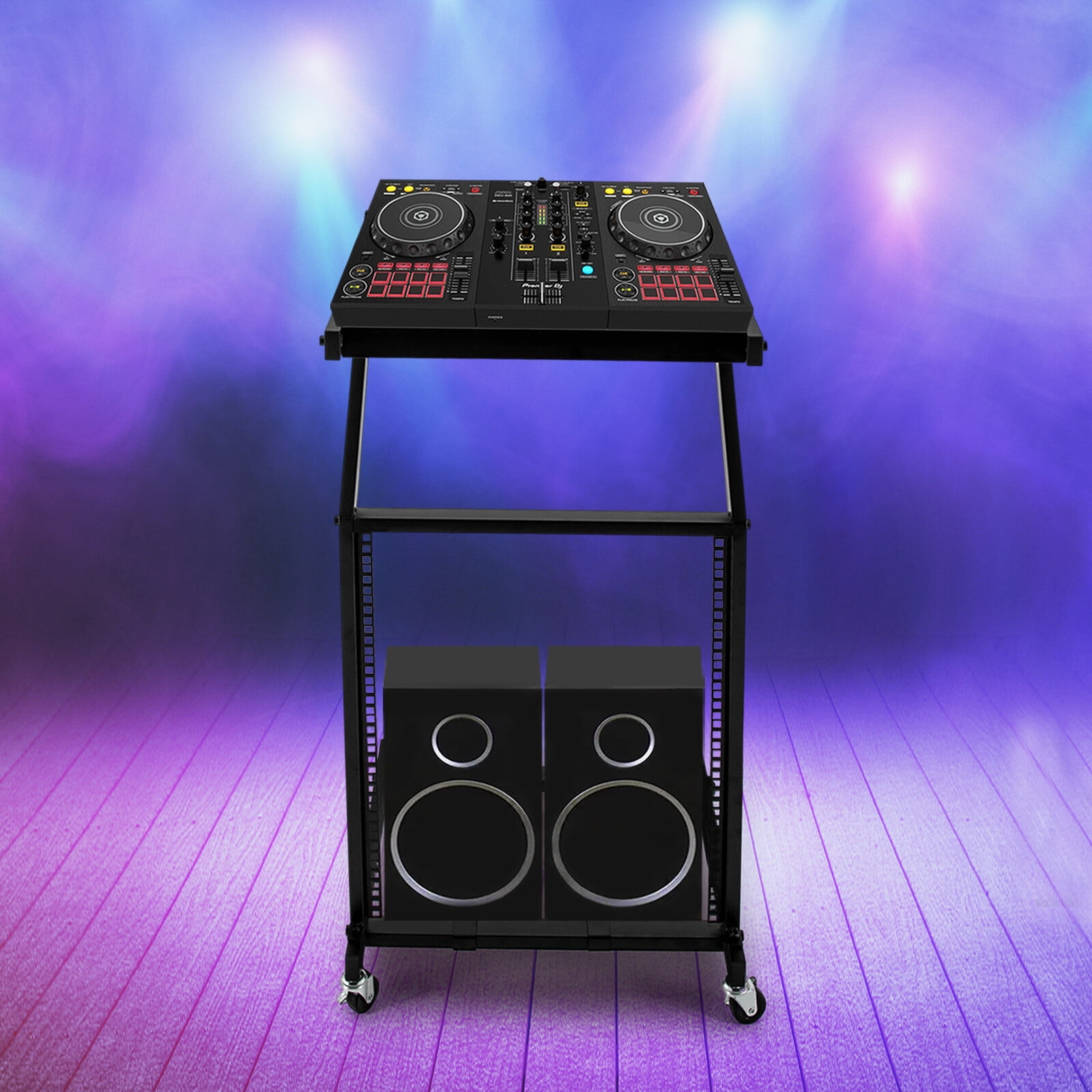 12U Professional DJ Stand with Adjustable Top Platform, Iron Frame, 4 Lockable Wheels, and Two-Tier Storage for Mixers, Amplifiers & Equipment - Black