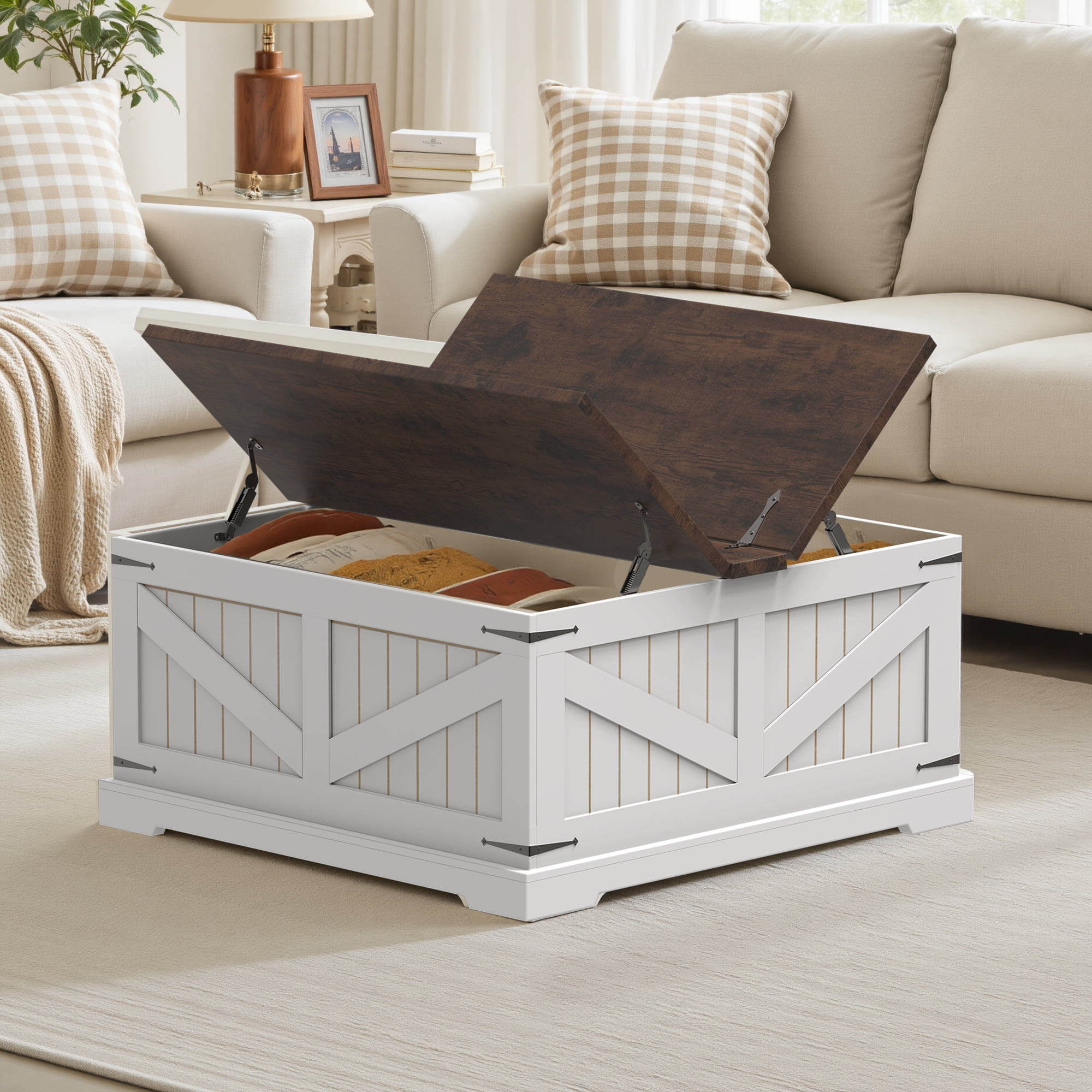 Spanspace Farmhouse Coffee Table with Storage, 31.5" Square Center Table with Dual Flip-Top Lids and Hidden Compartment, Rustic Wood Coffee Table for Living Room, Bedroom, Home Office, White