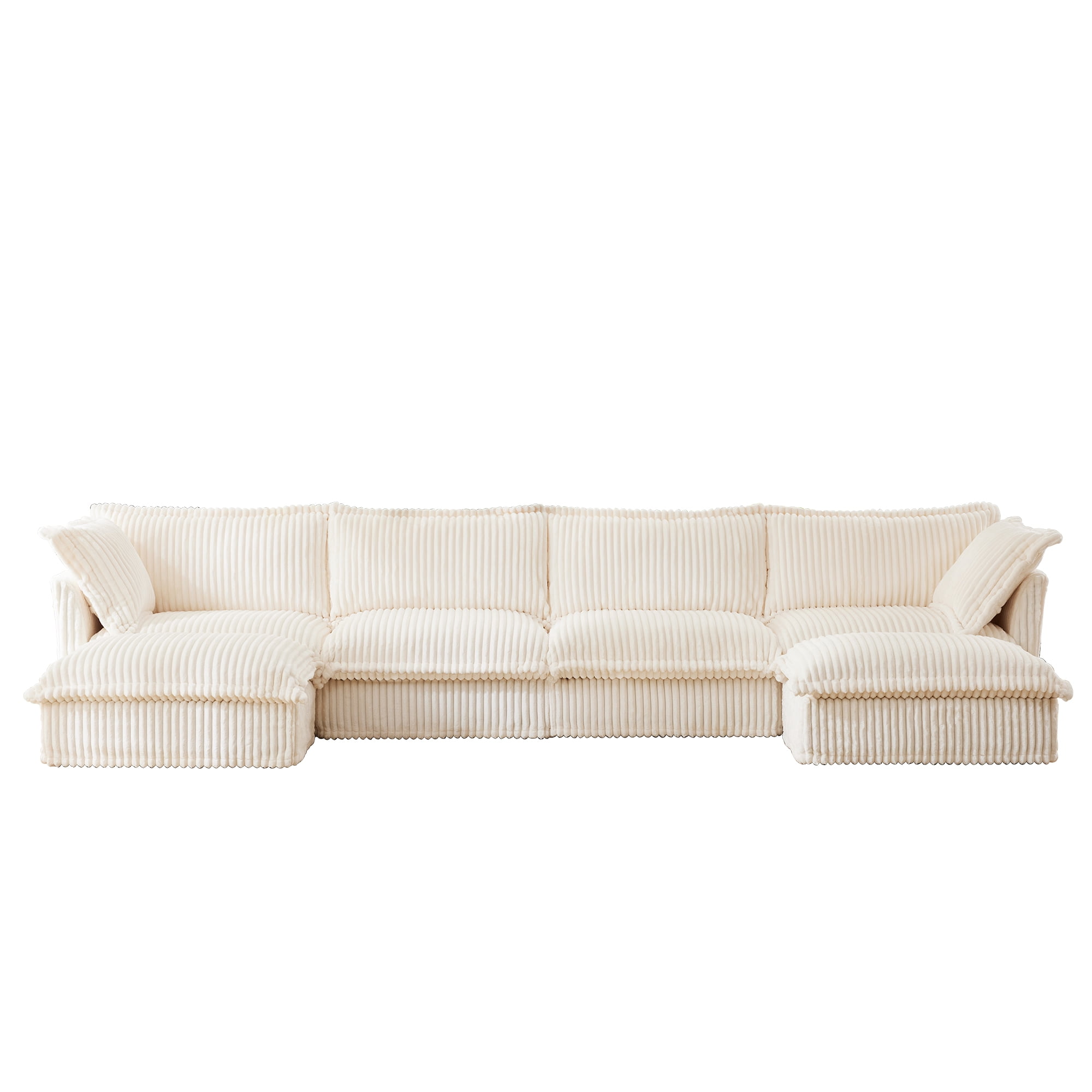Gewnee Oversize Deep Seat Slipcovered U Shape Sectional Long Sofa Couch, Cream Corduroy Fabric 4 Seater Sofa Comfy Couch for Living Room