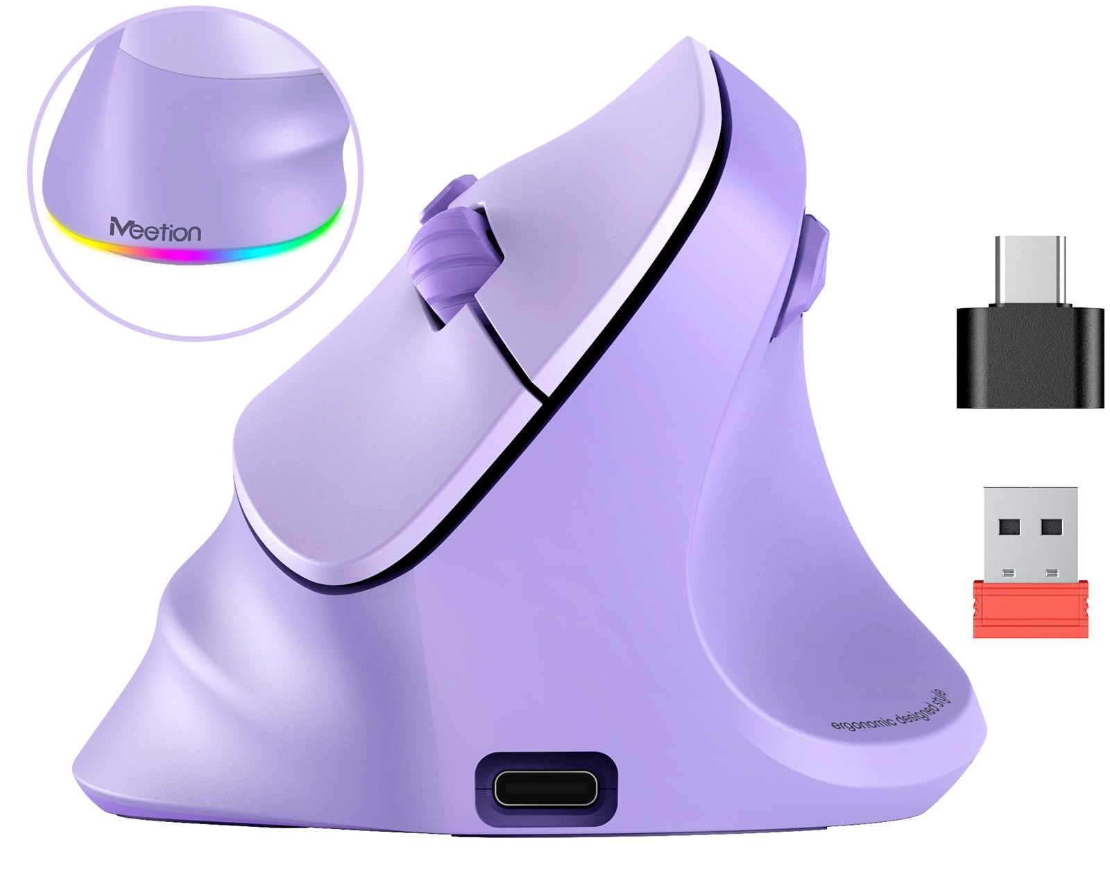Meetion Purple Vertical Ergonomic Mouse, Bluetooth 2.4G, Rechargeable, Large Comfort Grip