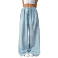 thumbnail image 4 of Women Drawstring Striped Pants Loose Wide Leg Trousers Casual Low Waist Pants Comfy Lounge Pants Blue & Blue Stripe S, 4 of 10