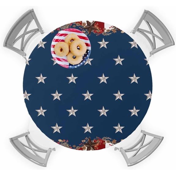4th of July Round Fitted Tablecloth with Elastic Rustic Star Stripes Independence Day Tablecloths Red White and Blue Table Cover for Kitchen Dinner Holiday Party Fits Tables up to 36"- 44" Diameter