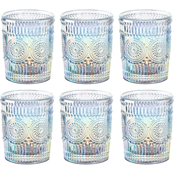 Iridescent Drinking Glasses Vintage Glassware Sets Rainbow Embossed Romantic Water Glass Tumbler Great for Juice Cocktail Wine, 10 oz, Set of 6