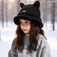 thumbnail image 4 of Ferjadq Kids Fuzzy Fleece Cat Ear Bucket Hat Short Brim Cute Winter Fisherman Cap for Toddler Girls Multi Tone Black,2-8 Years, 4 of 5