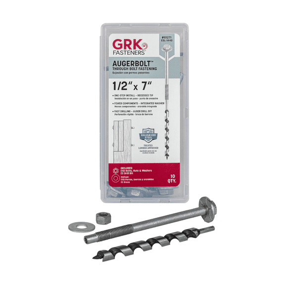 GRK Fasteners AugerBolt™ Through Bolt Fastening System, Galvanized Heavy-Duty Carriage Bolts, Rust & Corrosion Resistance for Post-to-Beam Connections, 10 Bolts with Drill Bit, Hex Nuts, & Washers