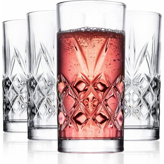 Kinsley Tall Highball Glasses Set of 4, 12 Ounce Cups, Textured Designer Glassware for Drinking Water, Beer, or Soda, Trendy and Elegant Dishware, Dishwasher Safe (Hiball Set Of 4)