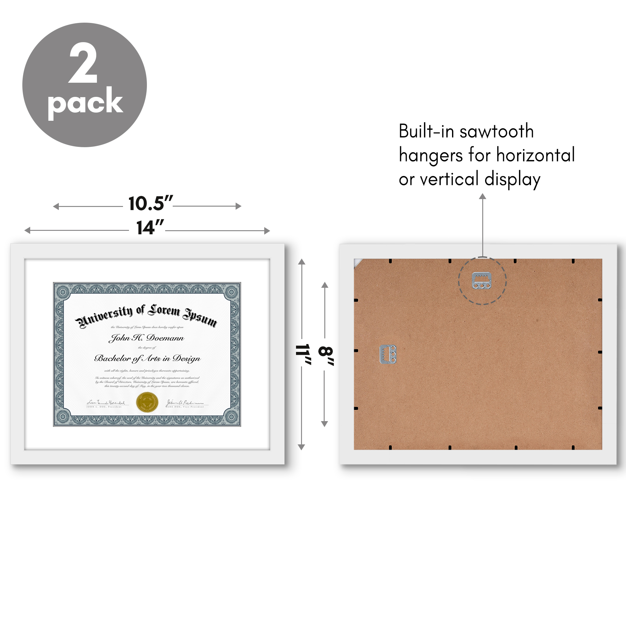 Americanflat 11x14 Diploma Frame with Shatter-Resistant Glass with 8.5x11 Mat 2 Pack Display Documents - White