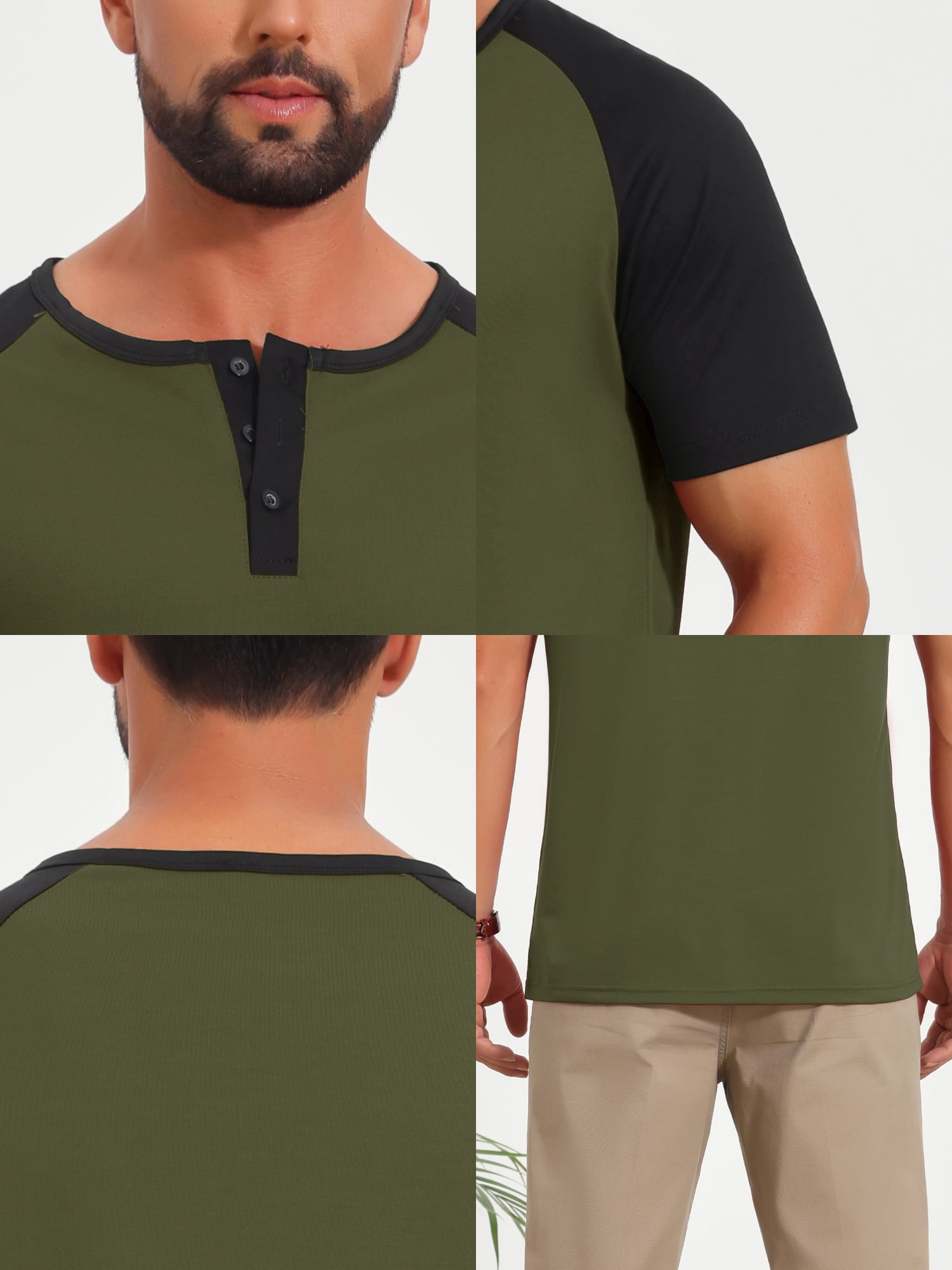 DARING DIVA Men's Henley Button Down Color Block Short Sleeve T-Shirt L Olive Green