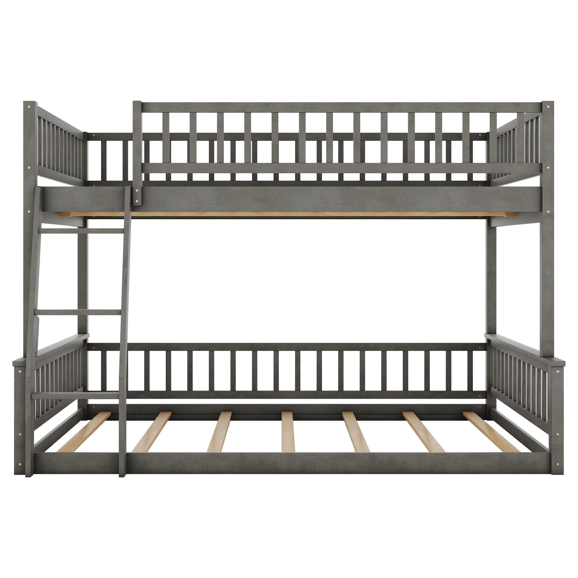 Full XL Over Queen Bunk Bed for Kids Adults, Queen Size Floor Bunk Beds with Inclined Ladder, Solid Wood Low Bunk Bed,Detachable Bunk Beds for Teens,Girls,Boys