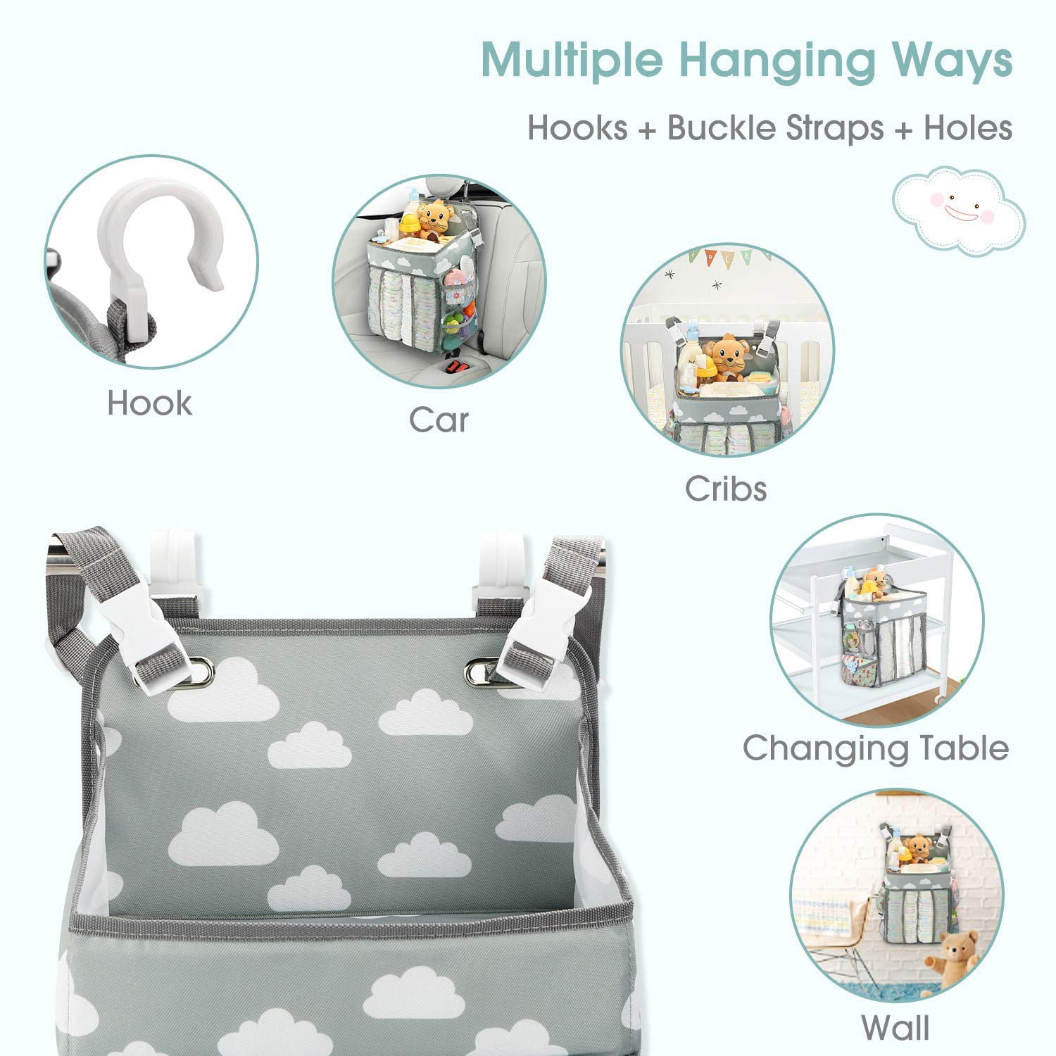 Hanging Diaper Caddy Organizer, Baby Diaper Organizer Storage Bag for Changing Table, Cot, Playard and Wall, (Gray Cloud)