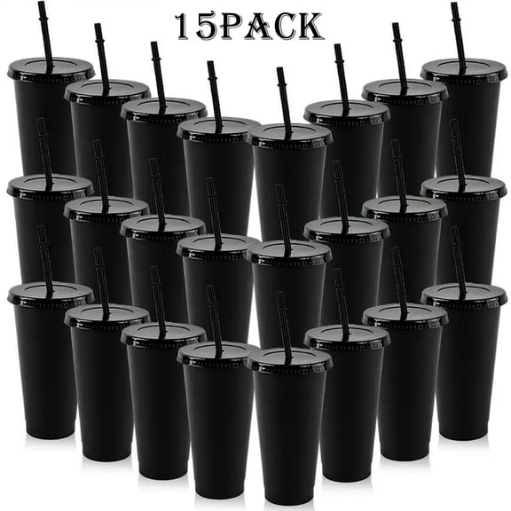 15 Pack Reusable Plastic Cups With Straws And Lids, 24oz Durable Cups Coffee Cups Large Leak-Proof Bottles Travel Cups Party Bulk