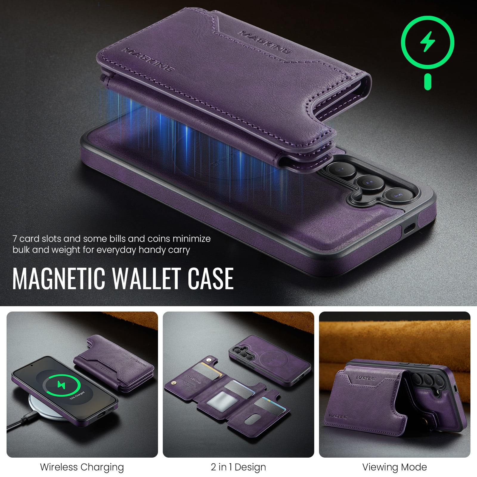 Designed for Samsung Galaxy S25+ Wallet Phone Case,Magnetic Detachable Flip Card Holder,Back Flip Kickstand,Compatible with Mag-Safe,2-in-1 PU Leather Heavy Duty Shockproof Phone Case,Purple