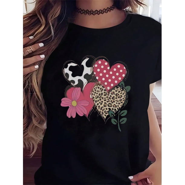 Soft Cotton Valentine's Day Geometric Hearts And Flowers Graphic T-Shirt Casual Crew Neck ComfortablCamisetas de verano para mujer, manga corta, cuello redondo, casual, lindo, con gráficos, camisetas