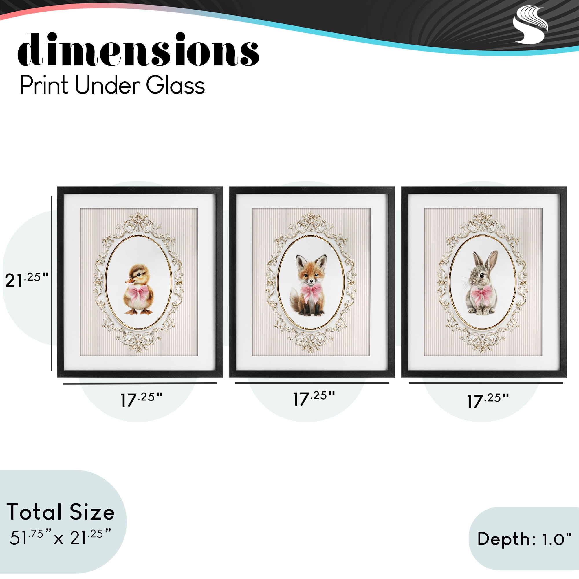Stupell Industries Vintage Animals with Ornate Design 3 Piece Black Framed Print Under Glass Set, design by Christine Simpson Art