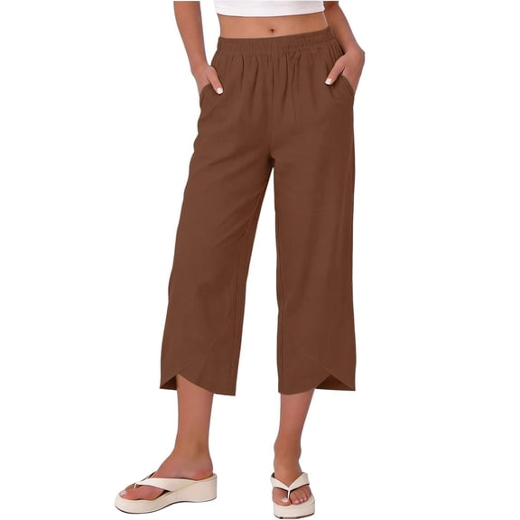 Summer Crop Pants,Linen Pants for Women Elastic Waist Wide Leg Loose Fit Capris Casual Workout Cotton Capri Pants Summer Capris