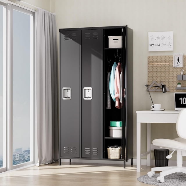 Ourlova Armoire de Rangement en Métal à 3 Portes avec Portes Verrouillables Noir