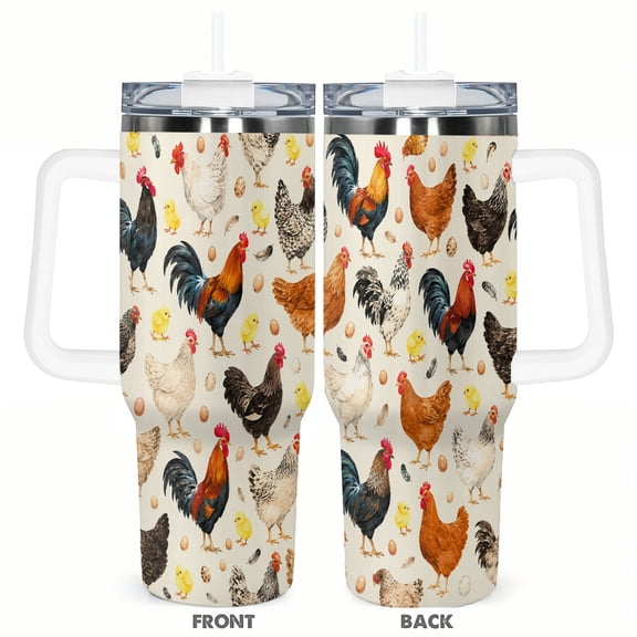 40oz Farm Chicken Rooster Travel Tumbler with Handle and Straw Lid Country Insulated Car Coffee Cup Gift for Women
