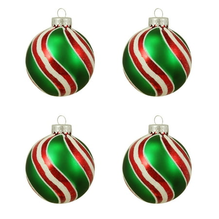 4ct Shiny/Matte Red, Green and White Glittered Peppermint Glass Ball Christmas Ornaments 2.5 ...