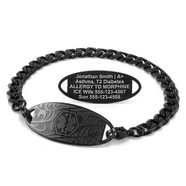 MedicEngraved Black Stainless Steel Custom Medical Alert Bracelet - 7mm Curb Link