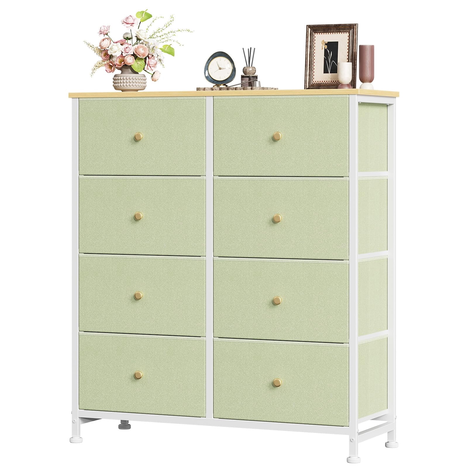 Telyra 8-Drawer Fabric Dresser Tall Storage Tower with Wood Top and Steel Frame Bedroom Closet Organizer, Light Green