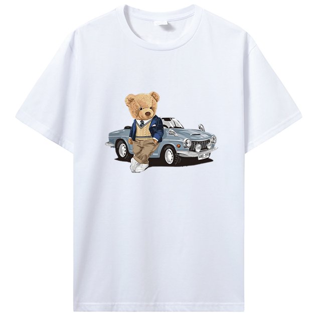 Caballero oso de peluche en un coche deportivo Vintage ropa para hombre camisetas de gran tamaño de alta calidad camiseta transpirable camisetas de algodón de Hip Hop