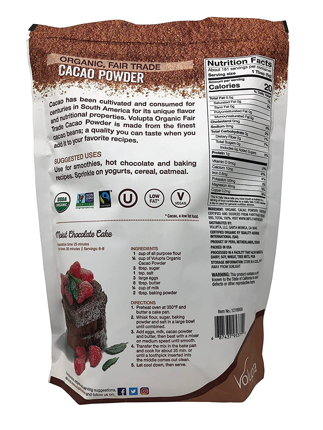 Volupta Organic and Fair Trade Unsweetened Super Food Cacao Powder 32 Ounce