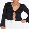 thumbnail image 3 of PENGXIANG Blouses en Satin à Lacets pour Femmes avec Col en V et Manches Longues, 3 of 6
