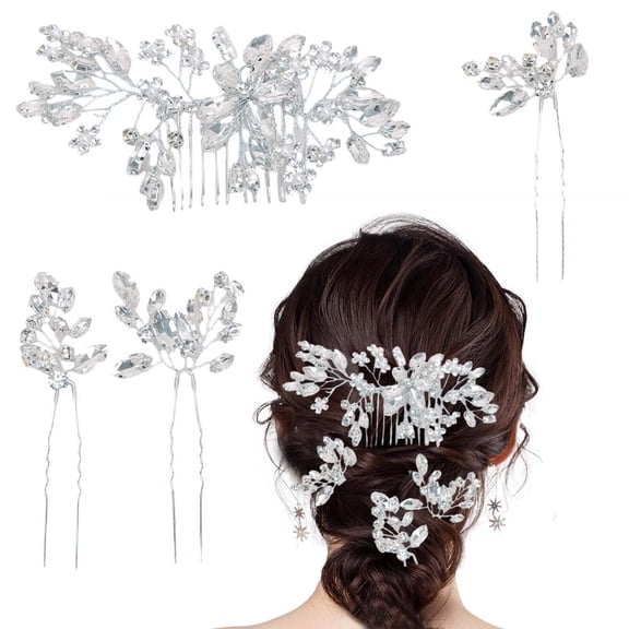 4PCS Crystal Bride Wedding Hair Comb Flower Bridal Headpieces Rhinestone Leaf Hair Pieces Pearl Hair Vines Bridesmaid Side Combs Hair Accessories for Women