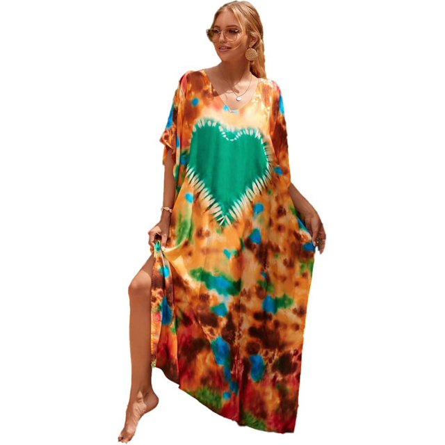 LinYooLi Swimsuit Coverup Women Beach Robe Print Long Blouse Plus Size Bikini Gown Holiday Dress