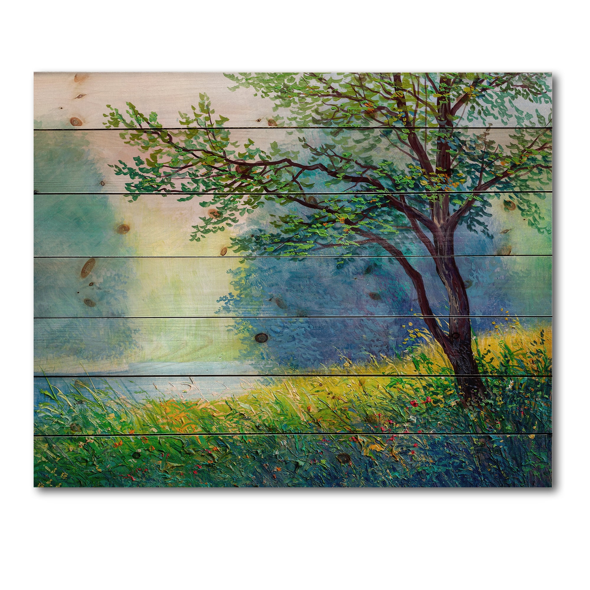 Designart 'Summer Forest With Waterfall and River ' Traditional Print on Natural Pine Wood