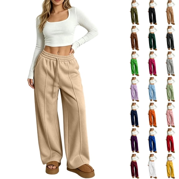 WULMLEO Women's Wide Leg Sweatpants with Front Seam Detail Elastic Drawstring High Waist Loose Casual Pants with Pockets Beige S