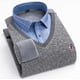 thumbnail image 1 of Suéter de cuello de camisa de manga larga de dos piezas falso acolchado de terciopelo para hombre, suéter casual cálido, otoño e invierno, 1 of 6