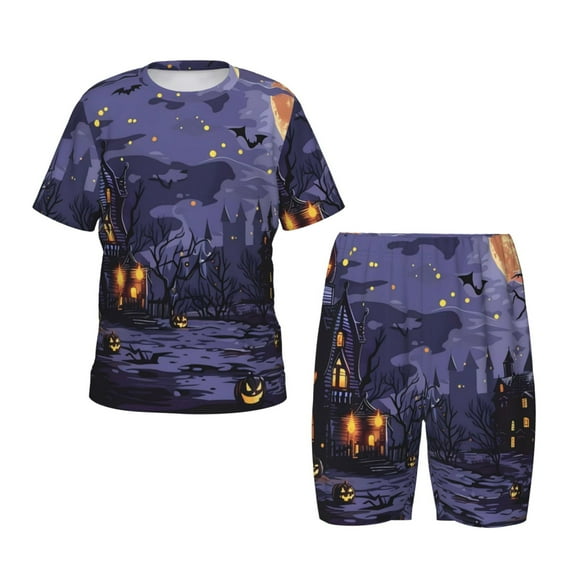 Balery Mystery House Halloween Night Conjunto de Pijama Infantil de Manga Corta con Estampado – Ropa de Dormir de Algodón Suave-3X-Large