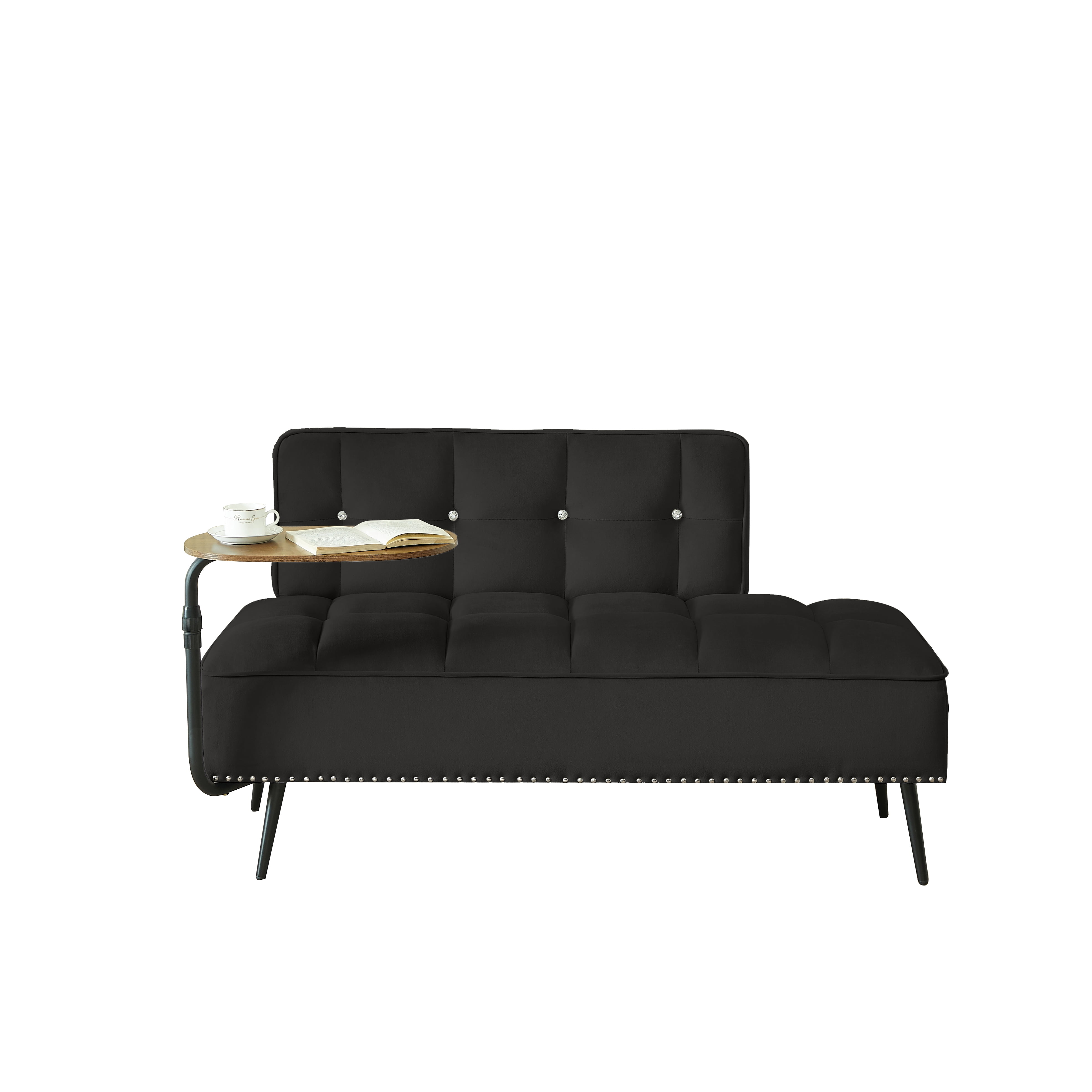 Modern Two-Seater Velvet Sofa with 360° Rotating Side Table, Entryway Ottoman Bench with Backrest for Living Room, Bedroom, Apartment, Space Saver, Black