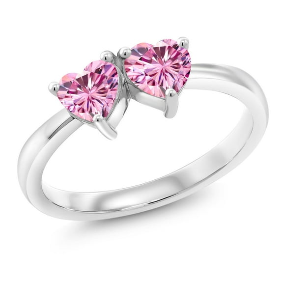 Gem Stone King 925 Sterling Silver Fashion Right-Hand Ring Heart Shape Pink Moissanite and Vivid Moissanite Pink (1.00 Cttw, Size 5)