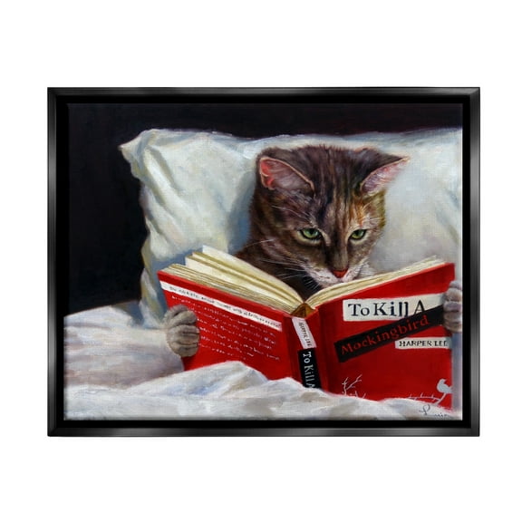 Stupell Industries Cat Reading a Book in Bed Funny Painting Jet Black Framed Floating Canvas Wall Art, 16x20, by Lucia Heffernan