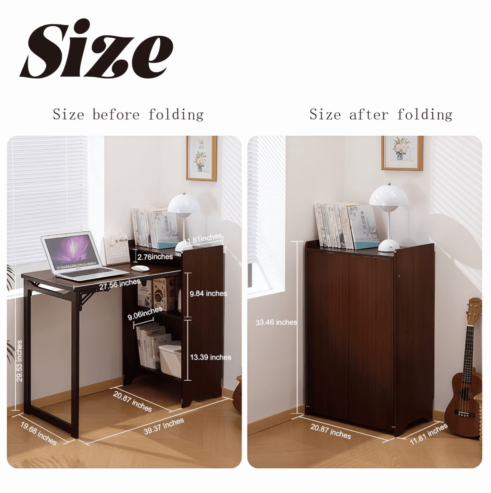 Bamboo Folding Desk, Foldable Desk for Small Space, Computer Desk with Hidden Storage and Built-in Socket, Mid Century Foldable Table for Home Office and Bedroom (Walnut Brown