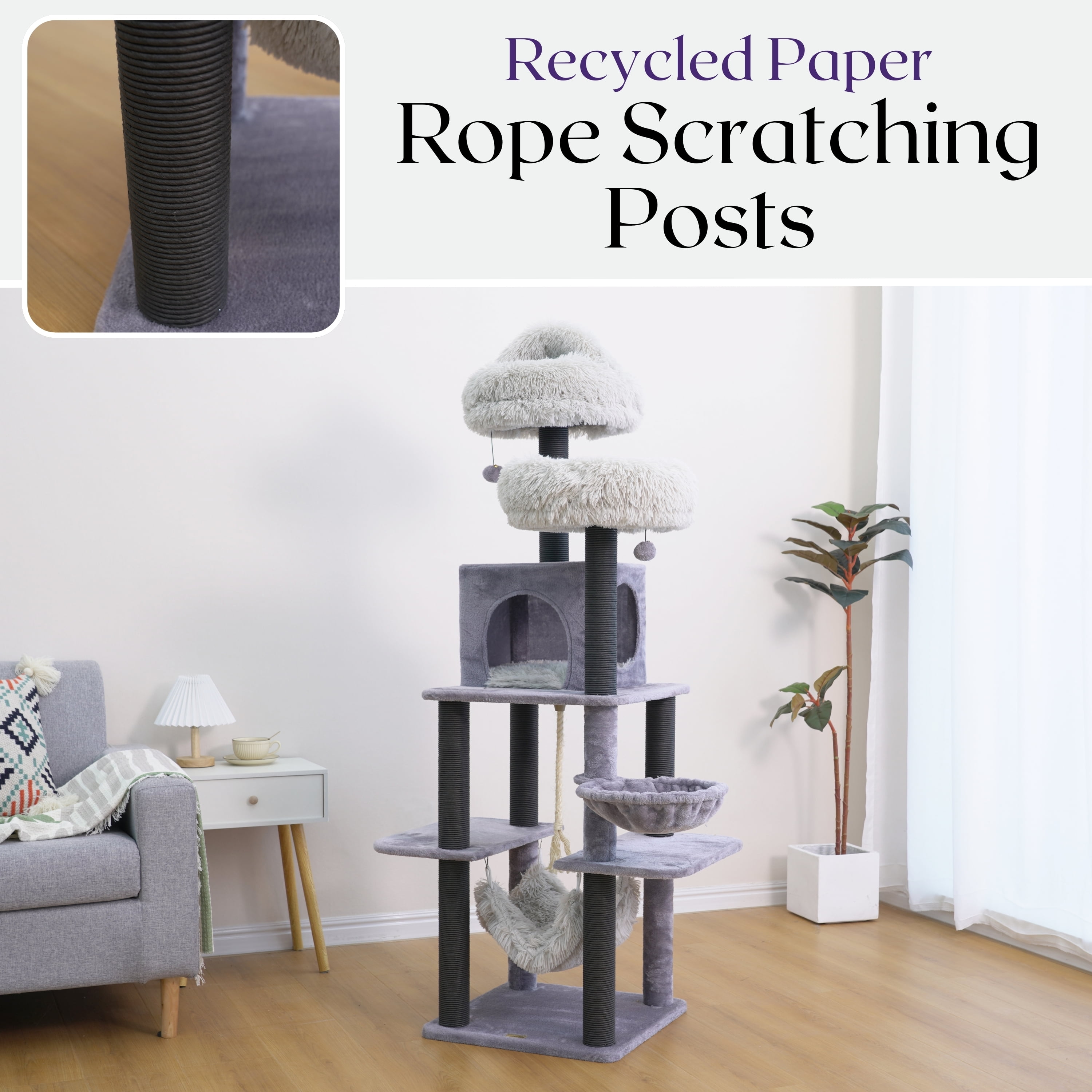 "Catry 63"" 7-Level Gray Cat Tree Tower for Large Cats with Hammock, Scratching Post, Plush Perches, LED Ball"