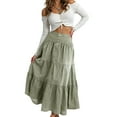 thumbnail image 2 of yueewhu Women Tiered Ruffle Hem Denim Maxi Skirt Solid High Waist Buttons Jean Skirt Vintage Washed Swing Party Streetwear (Army Green, M), 2 of 9