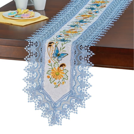 Lovely Blue Butterflies and Yellow Flowers Table Linens - Features Exquisite Embroidery, Intricate Cutwork, and Delicate Blue Lace Edges - Machine Washable - Polyester