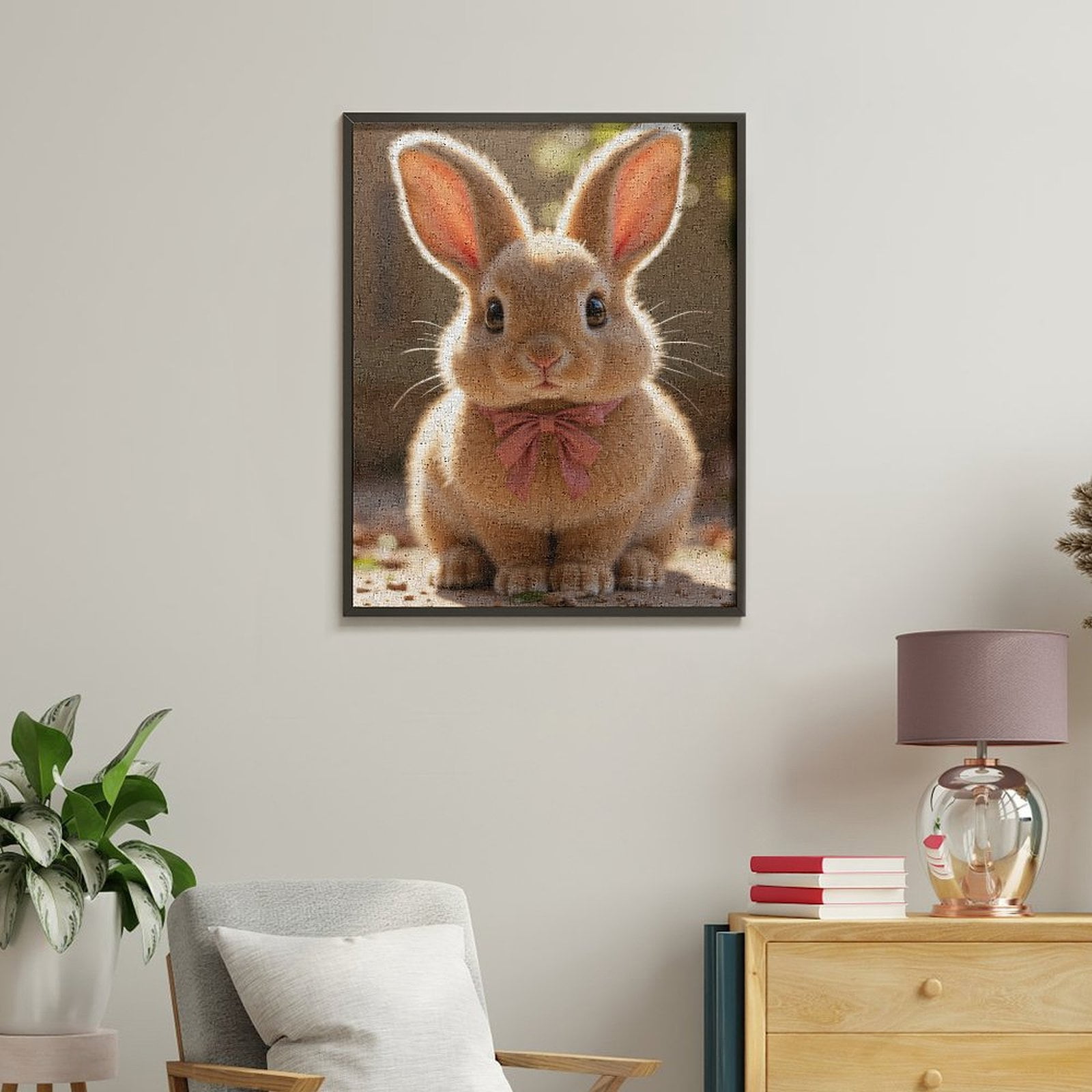 Paint By Numbers Kit for Adults Beginner - DIY Adorable Bunny With Pink Bow Canvas Painting Kits for Adults, Frameless Paint By Number for Adults for Home Wall Decor 16x20 Inch